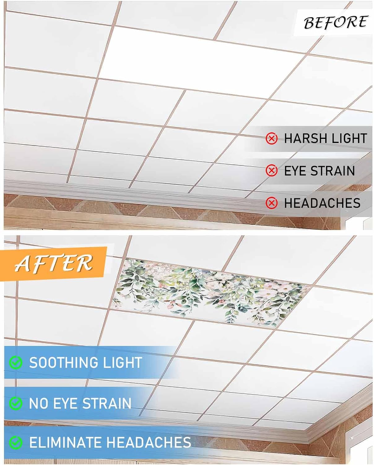 JasmineM Pink Flower Green Eucalyptus Leaves 4 Pack 4 x 2 Feet Fluorescent Light Covers for Ceiling Lights Classroom, Magnetic Light Covers Filter for Office School Drop Lamp Home Decor, Spring Sumer