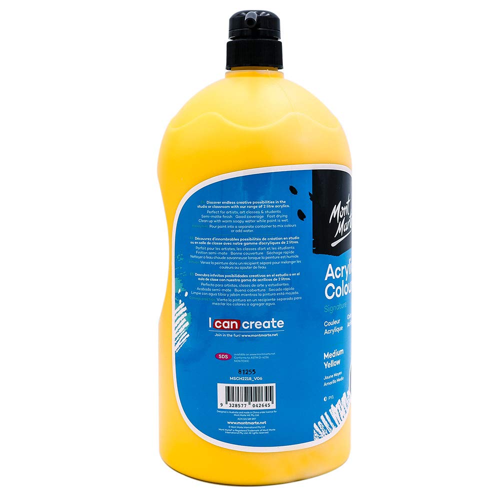Mont Marte Discovery School Peinture acrylique - Jaune moyen - 2 litres. Idéale pour les étudiants et les artistes. Excellent couvrant et séchage rapide. Capuchon à pompe inclus.