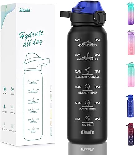 Botella de agua deportiva de acero inoxidable 316 de 32 onzas con marcador de tiempo, botella de agua aislada de 33.8 fl oz de doble pared con asa,