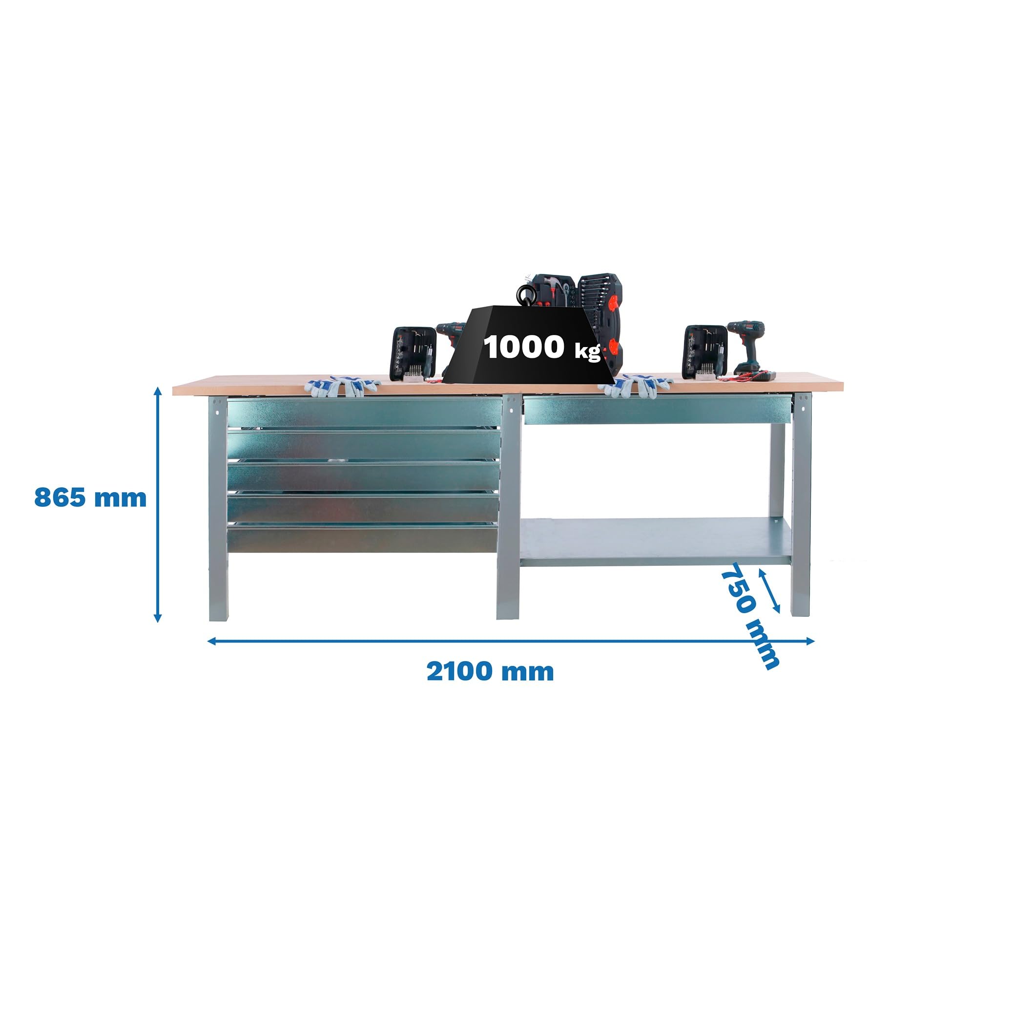 SimonRack Banco de Trabajo Taller Doble, Capacidad Carga 1000 kg, 865x2100x750 mm, 6 Cajones, Mesa de Trabajo, Gris/Haya - BT6 PRO