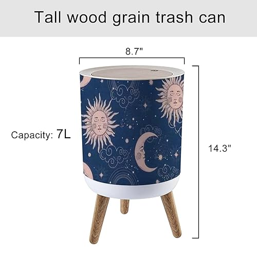 Miniatura 2 de Bote de basura pequeño con tapa, sin costuras, sol cósmico y luna creciente, vintage, para astrología, redondo, papelera de reciclaje, a prueba de