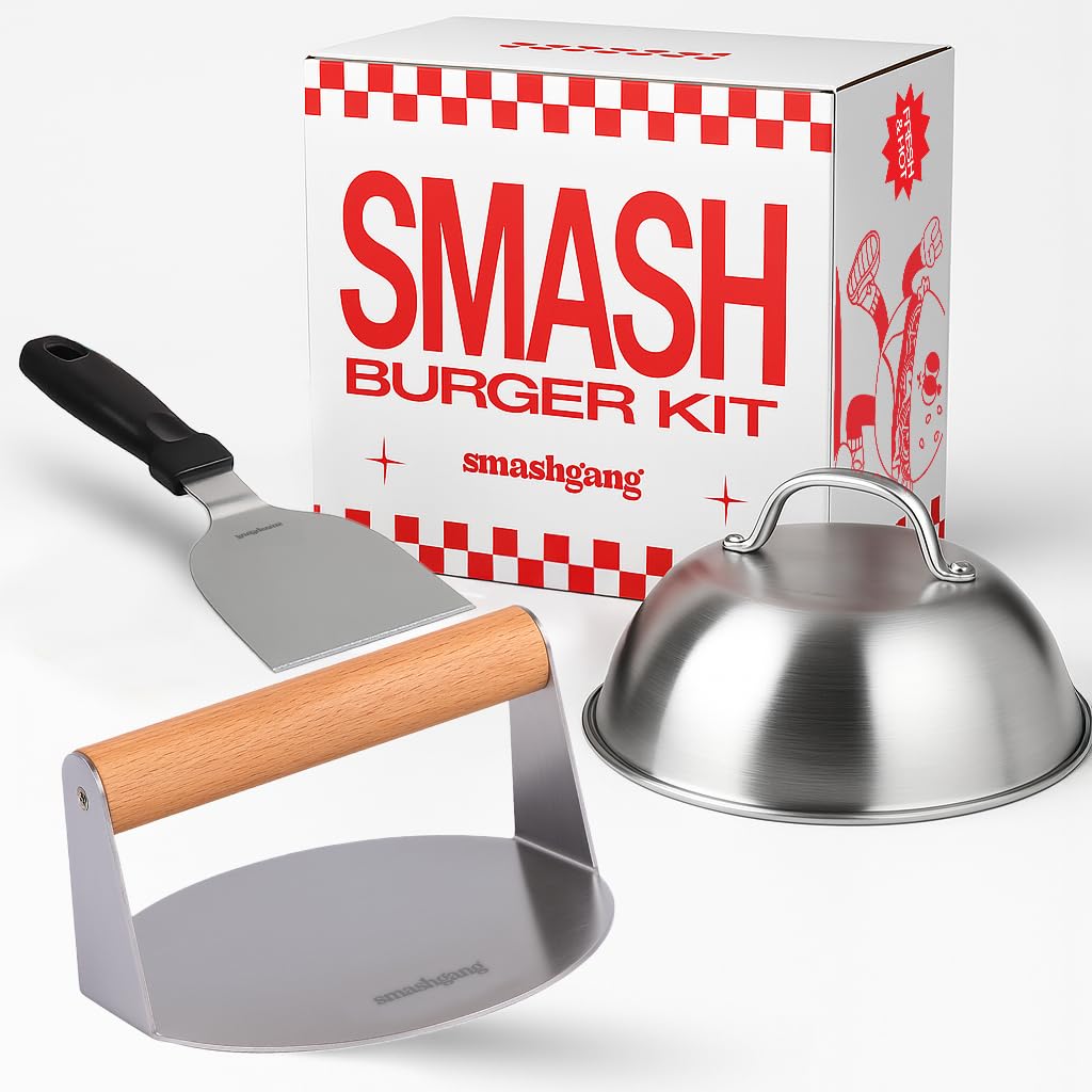 SMASHGANG® Smash Burger Kit – Prensa Hamburguesas, Espátula y Campana de Acero Inoxidable 304 | Utensilios para Cocina y BBQ