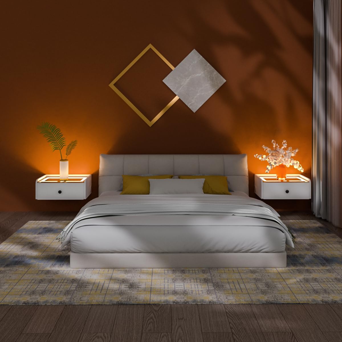 Mesita de noche flotante LED con función de carga - Mesita de noche inteligente - Opciones de dormitorio para jóvenes blancos.