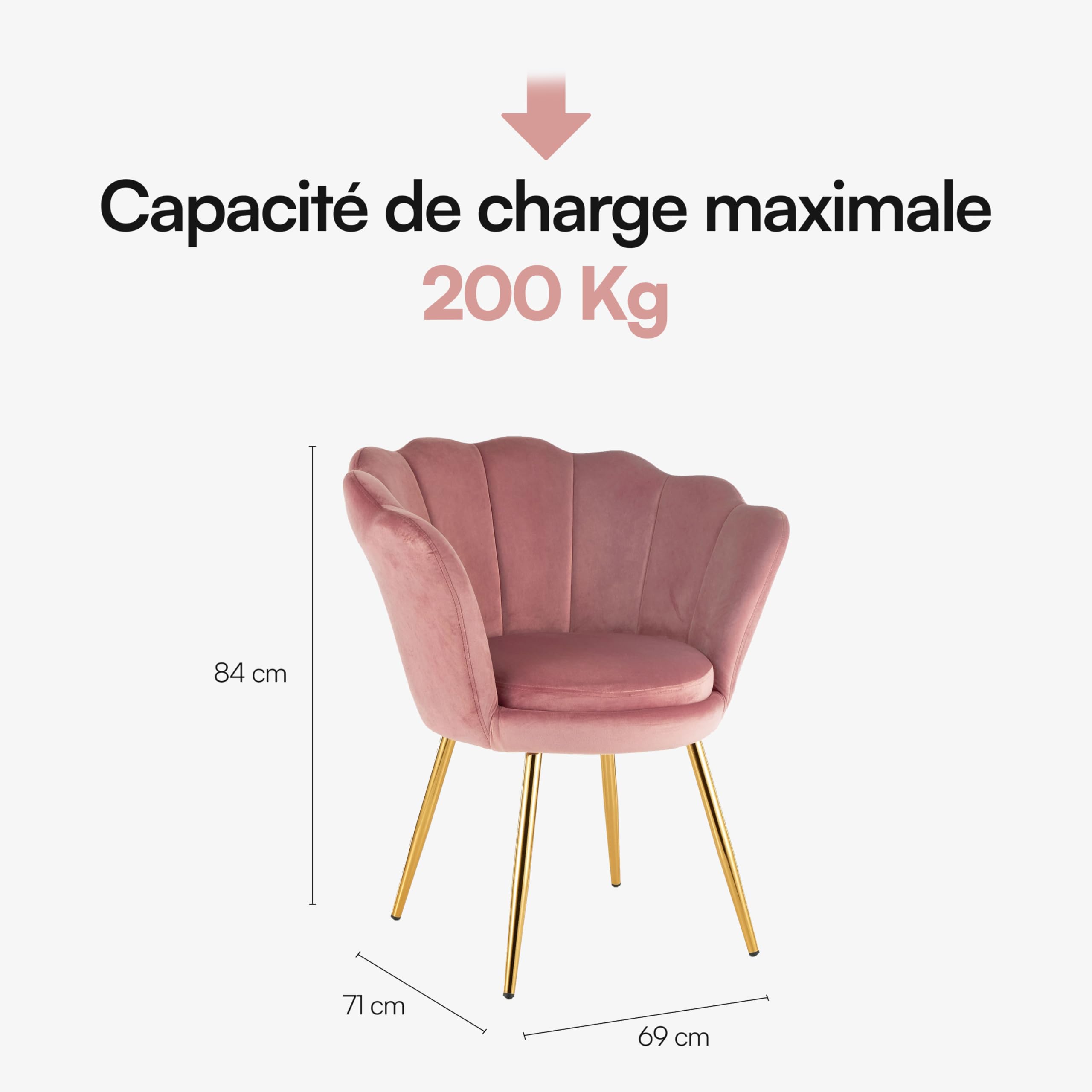 Baroni Home Fauteuil en Velours ave Dossier à Coquillage Rembourré, Chaise avec Pieds en Or, Fauteuil Relax de Salon, de Chambre, Fauteuil de Cuisine et Salle à Manger, 69x71x84 cm, Rose Poudré
