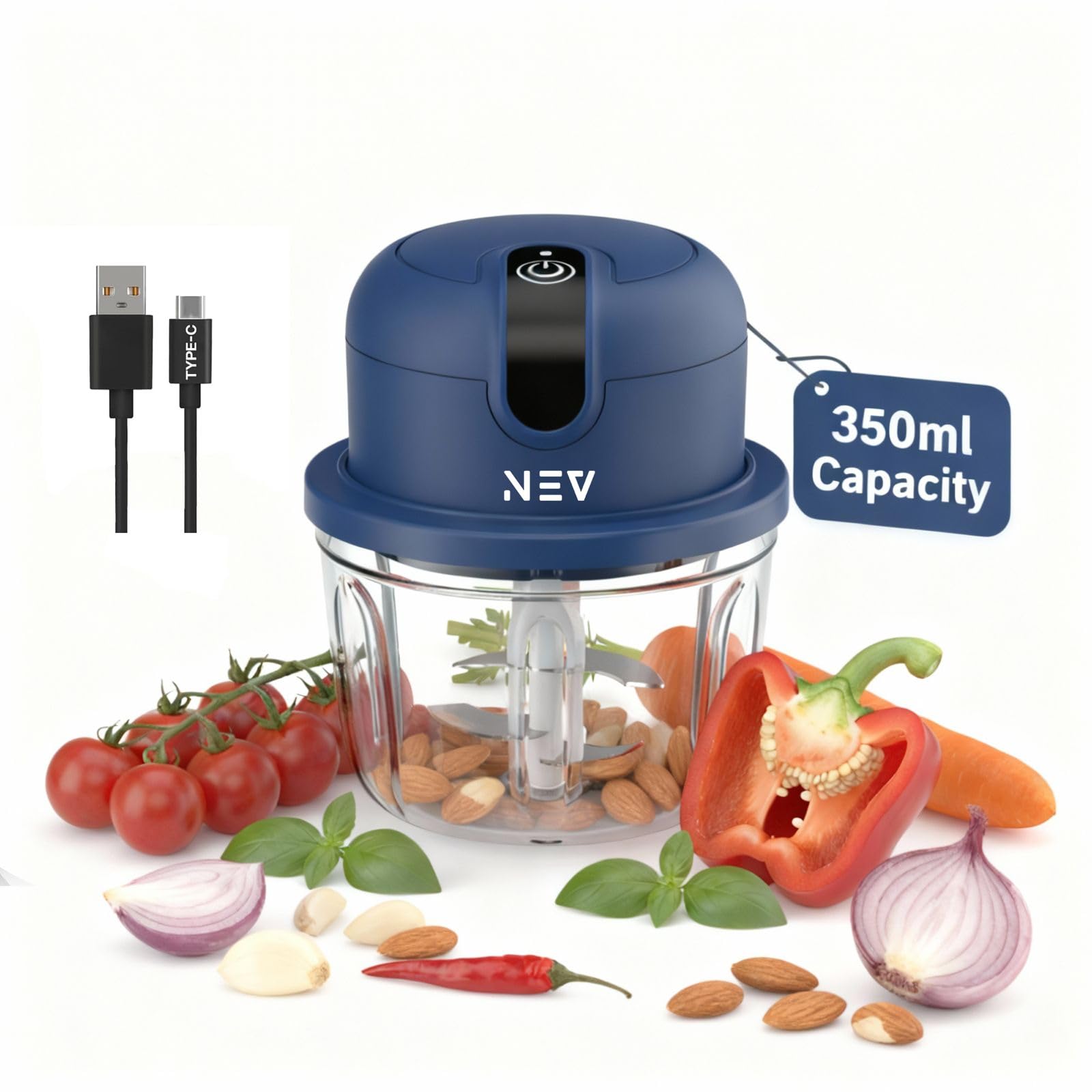nev chopr - electric mini chopper | one-press prep | 350 ml bowl | safety lock lid | splash guard | usb type c rechargeable