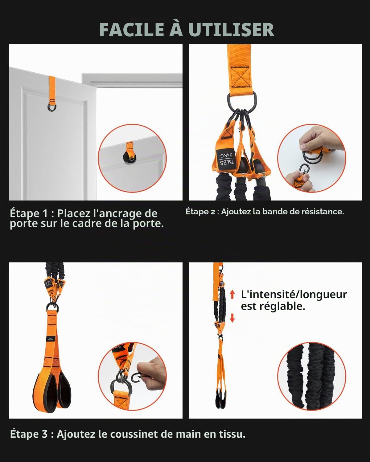 Abahub Kit de Bandes Triceps avec Ancrage Porte Réglable 75 à 225 Tricep Pull Down Bande Fitness pour La Maison, L'Entraînement des Bras Et Les Exercices de Musculation, avec PoignéEs