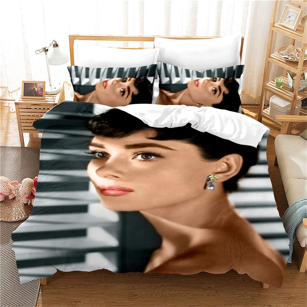 Ste-X Style 06 Duvet Cover With 2 Pillowcases Audrey Hepburn Bedding With Zipper Microfiber Double Size Bedding Set (,220X230cm(King))