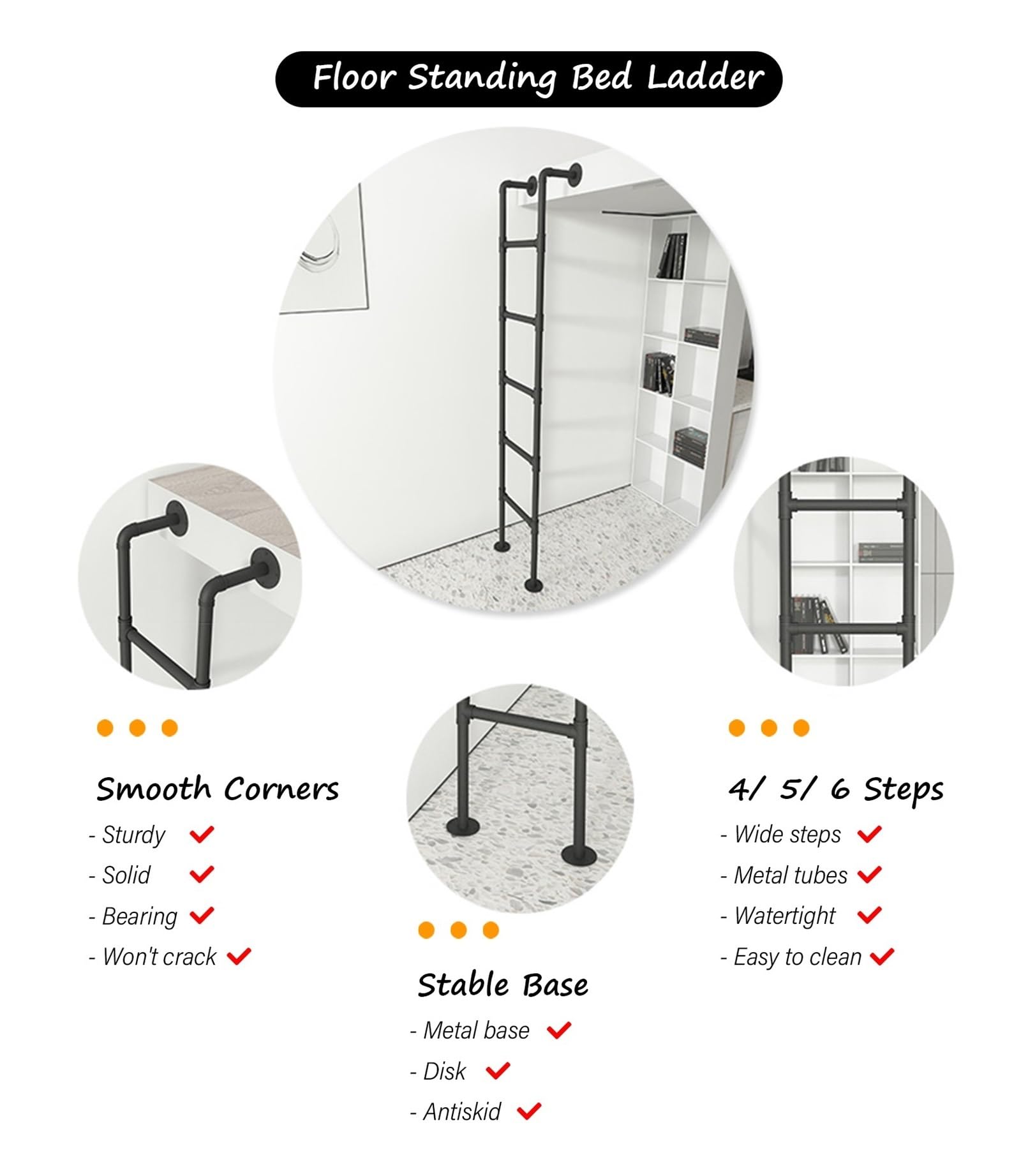 Escalera Tipo Loft de 7,6 7 6 5 4 pies para literas, Pozo de Ventana/escaleras de ático escaleras de Salida para Adultos niños Que suben y escapan, Escalera de Metal Negro con Almohadillas p