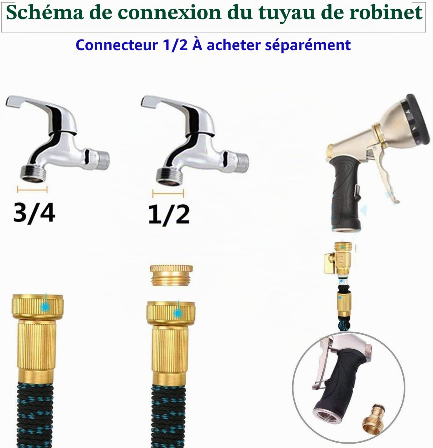 Métal Pistolet Arrosoir, Tuyau d'arrosage Flexible Rétractable, connecteur en Laiton Plein, 9 Fonctions Pistolet, Flexible pour Irrigation, Inclure la vanne d'arrêt（25FT - Contraction 7.6FT）