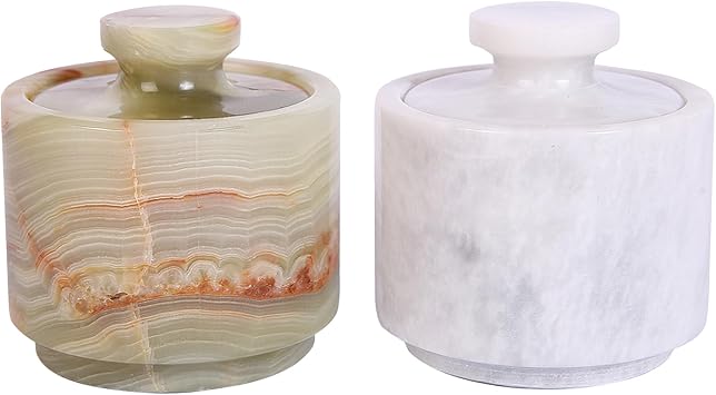 Marble Salt Cellar with Lid- Pack of 2 Marble Salt and Pepper Bowls- Salt Holder with Lid to Put Salt, Paprika, Pepper, and Spice Onyx Green & White, Style 01