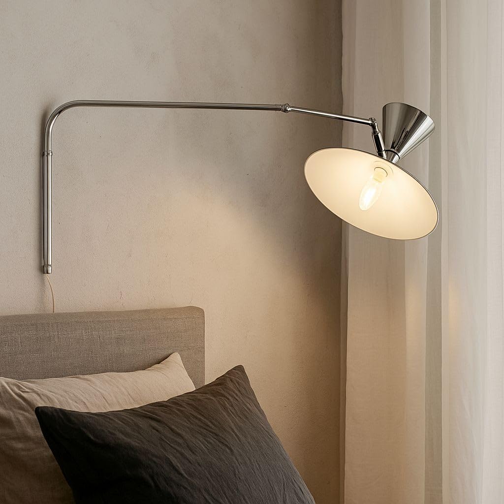 BARCELONA LED Lampada da Parete Industriale Grande 40 cm, Applique a Braccio Articolato, Stile Vintage e Moderno, Paralume in Metallo Cromato Interno Bianco, per Ristorante, Scale e Camera