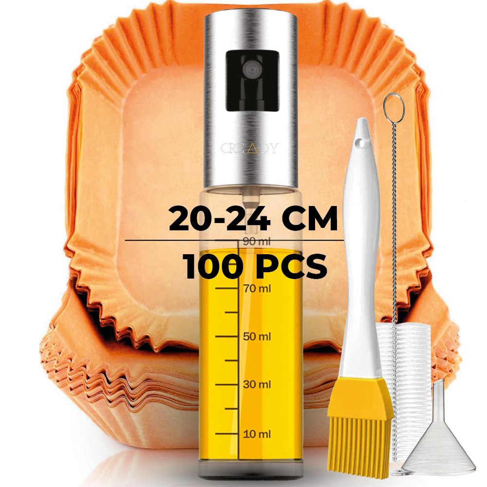 CREADY Papel Para Freidora de Aire 100 Piezas Extra Grueso [20-24CM] + Spray de Aceite | Accesorios Freidora de Aire | Papel Air Fryer Cuadrado | Accesorios Airfryer | Air Fryer Cosori 5,5 y Más