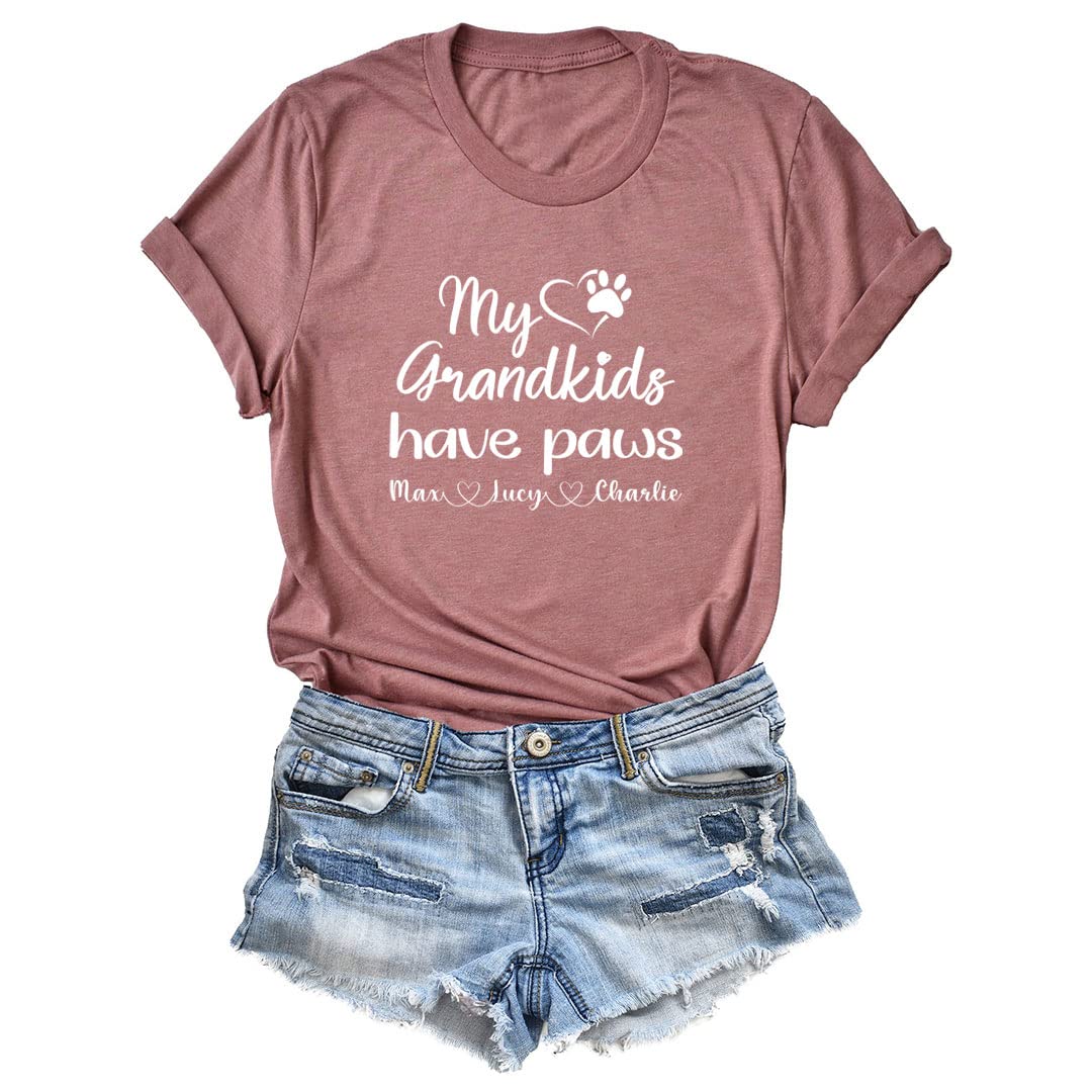 LEVY PAW Personalized My Grandkids Have Paws T-Shirt with Your Pet Names (Heather Mauve)