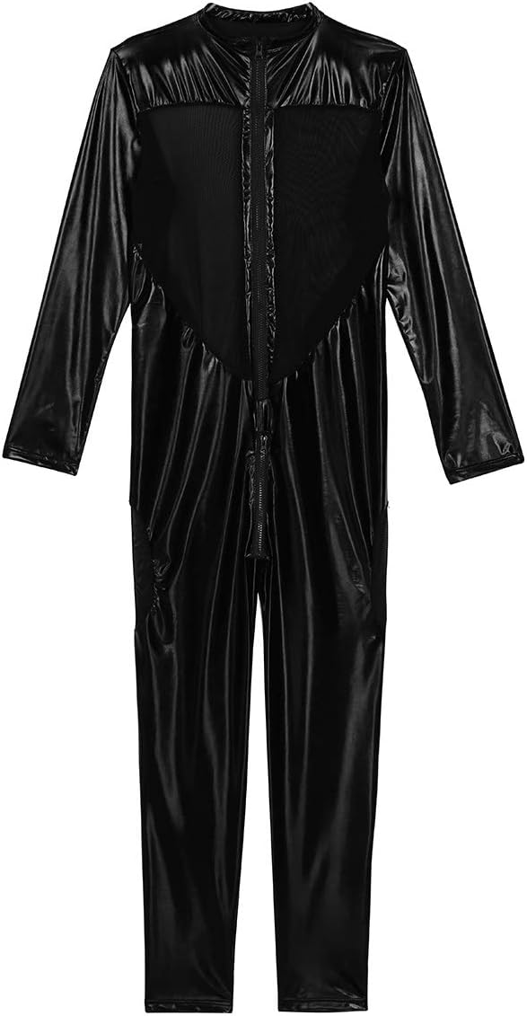 Agoky Men's Metallic Long Sleeve Mesh Splice Wrestling Singlet Zentai Bodysuit Unitard Catsuit