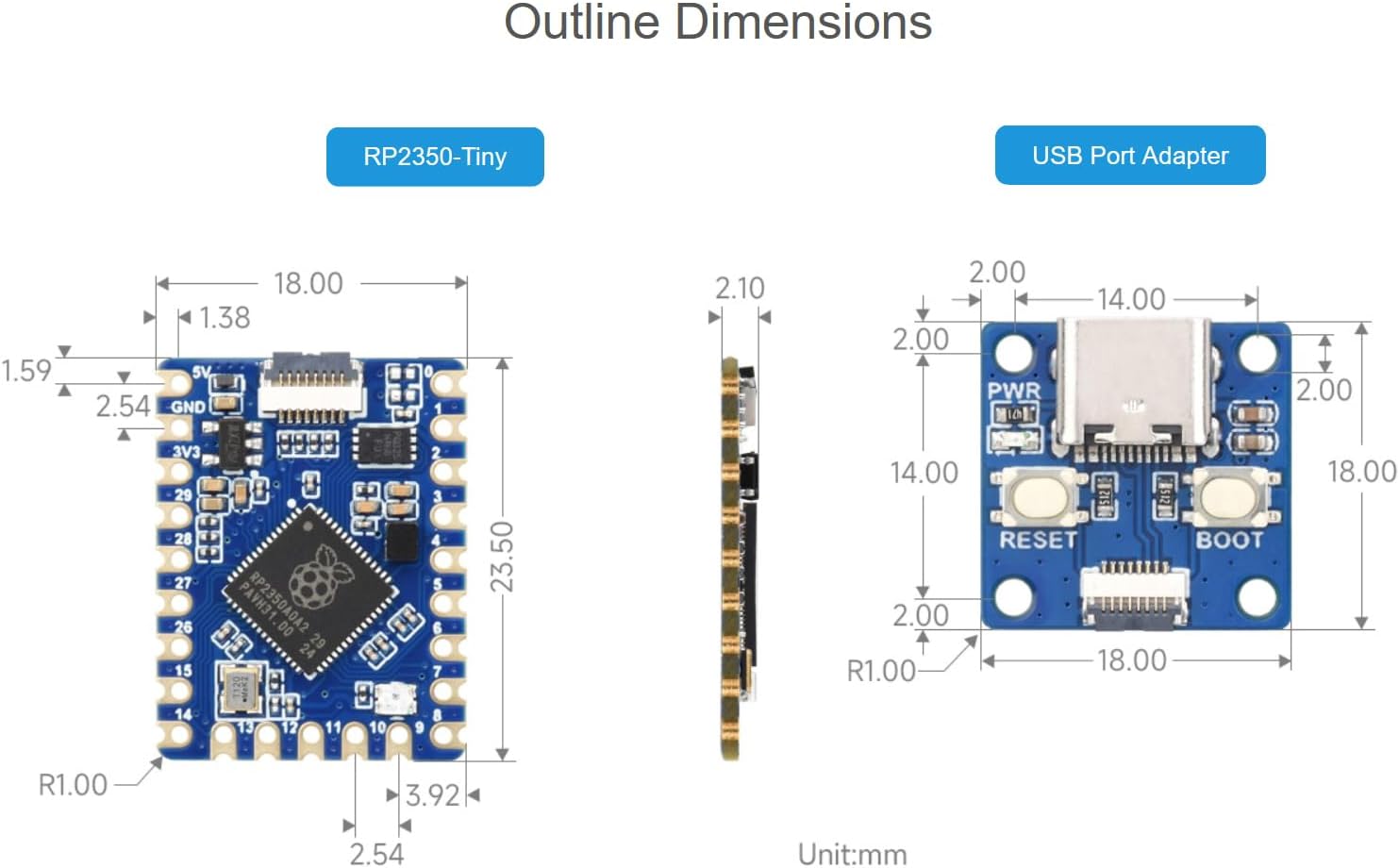 RP2350-Tiny and USB Port Adapter outline dimensions