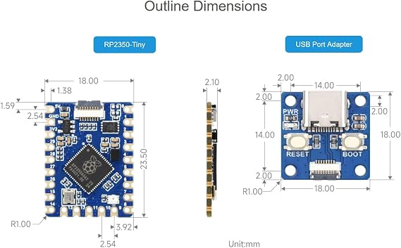 RP2350-Tiny Microcontroller Development Board Kit, Based on Raspberry Pi RP2350 Dual-core & Dual-architecture Chip, Come with USB Port Adapter + FPC Cable