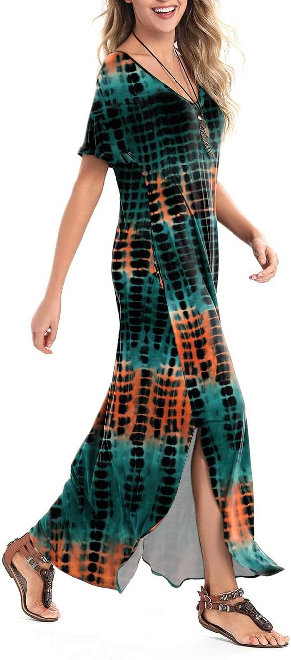 Arolina Women Summer Maxi Dress Short Sleeve V Neck Casual Loose Long Split Dresses Beach Vacation Sundress with Pockets - Image 3