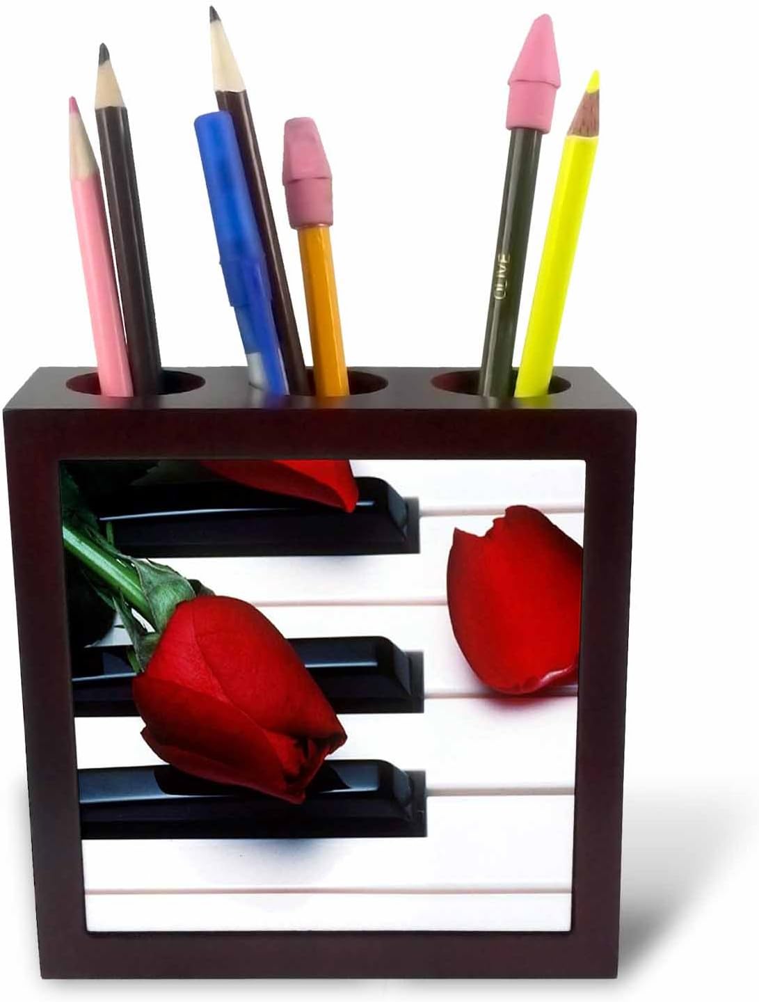 3dRose ph_56956_1 Red Tulips on Piano Keys-Tile Pen Holder, 5-Inch