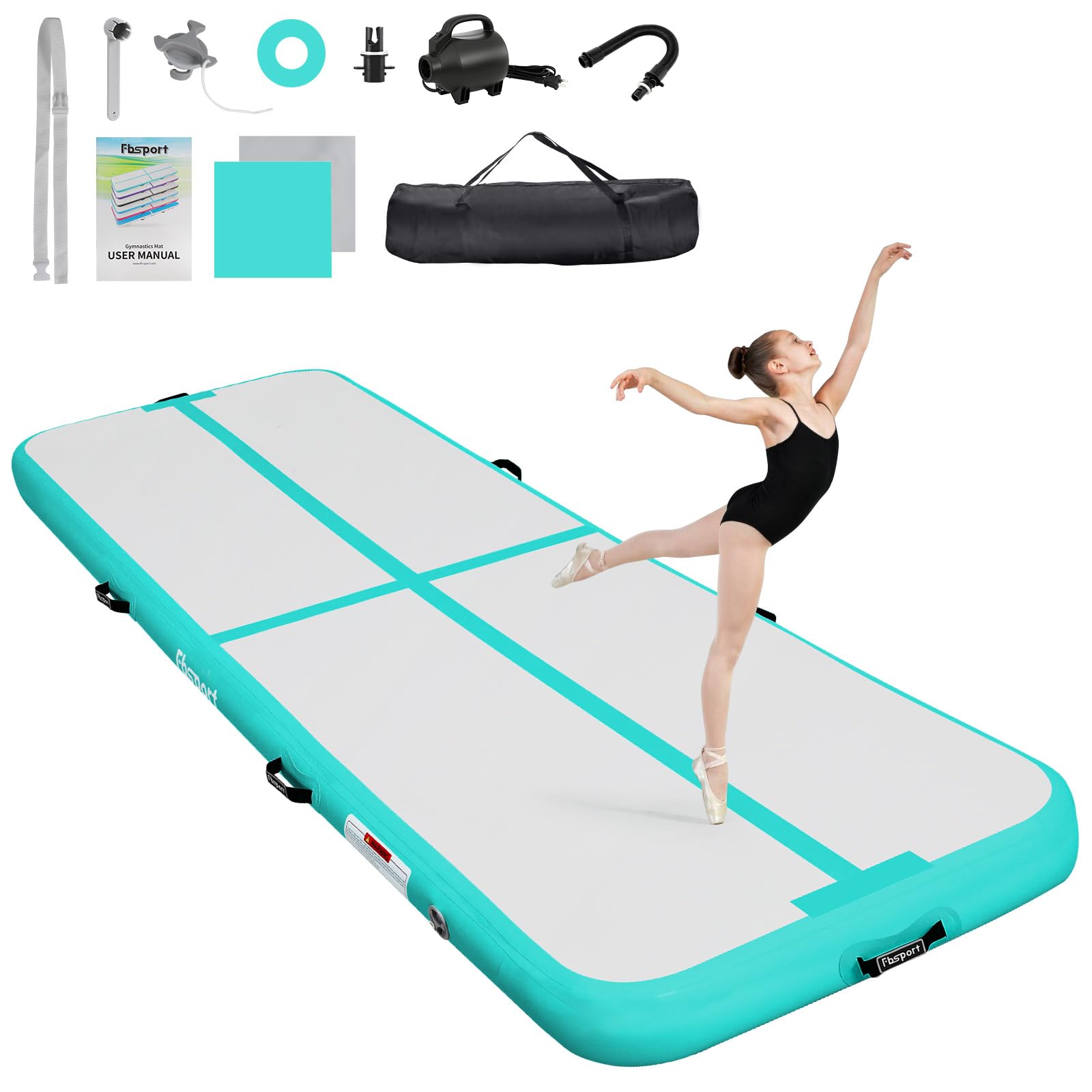 FBSPORT Airtrack Matte 4m Trainingsmatte, 20cm Dicke Tumbling Matten mit Luftpumpe und Tragetasche, Gymnastikmatte für Zuhause/Yoga/Outdoor/Tumbling/Gym/Training/Cheerleading/Wasser