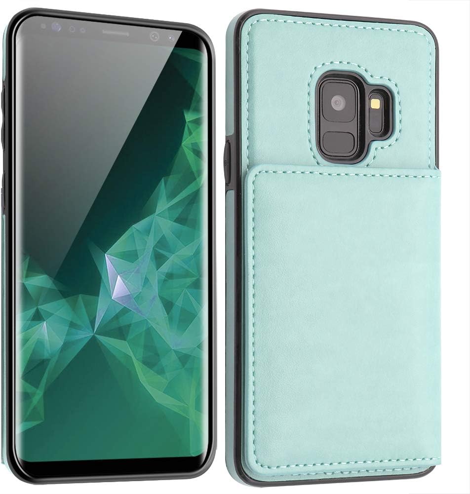 LakiBeibi Galaxy S9 Case with Screen Protector, Dual Layer Lightweight Galaxy S9 Phone Case Slim Leather Galaxy S9 Wallet Case with Card Slots Flip Folio for Samsung Galaxy S9 5.8 Inch (2018), Mint
