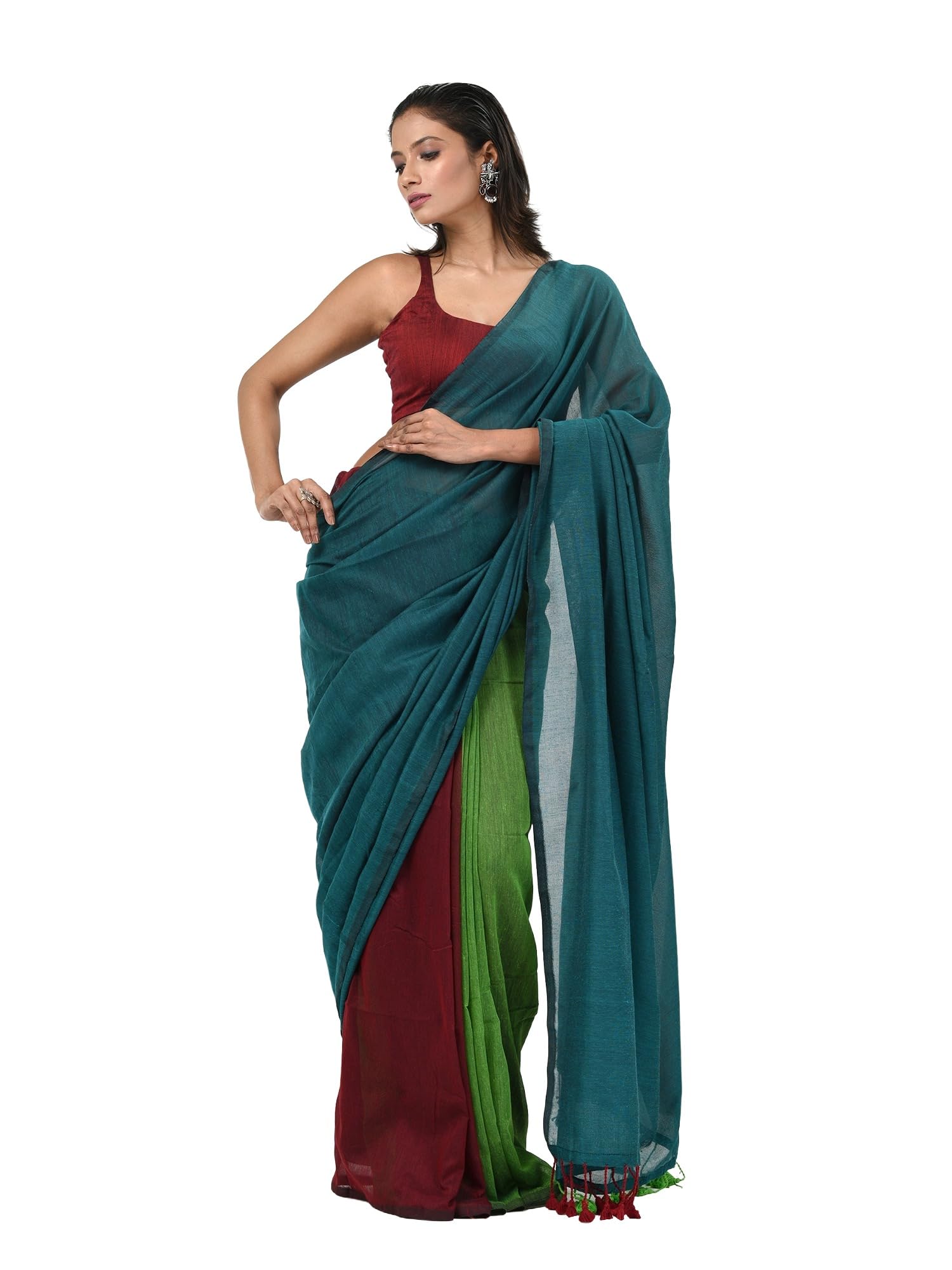 Teal, Green And Maroon Cotton Soft Saree With Pompom-image-44