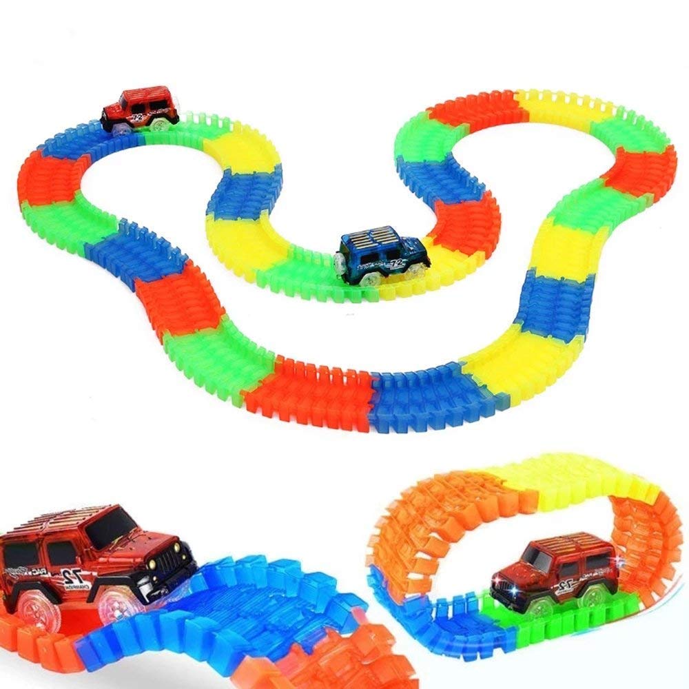 KOKEE TOYS Mini 40 Pieces Neon Glowing Tracks with One Mini Car Vehicle Toy with LED Light for +3Years Kids|Boys|Girls (Color-Multi).