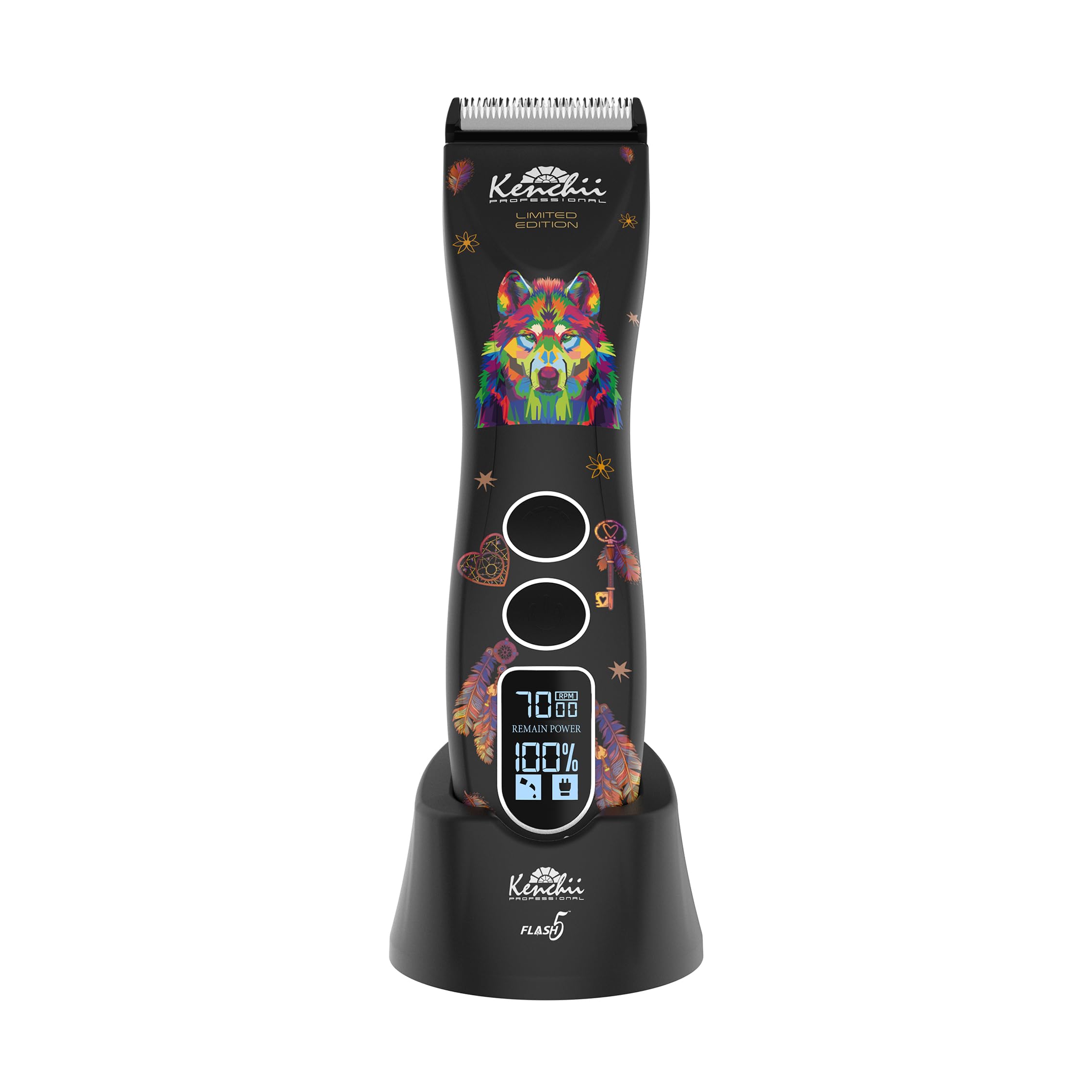 Kenchii Flash 5 Wolf Limited Edition - 5-in-1 Digital Cordless Clipper - Precision Pet Grooming: Trim, Shape, and Style Effortlessly USB-C Charging (Black)