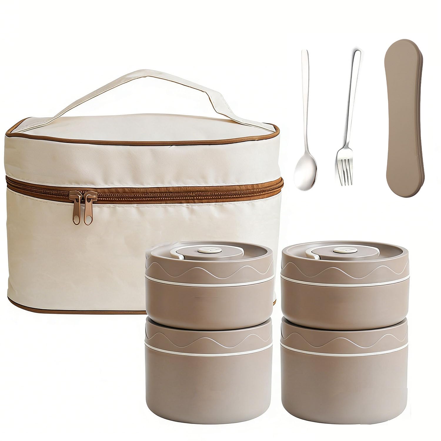 Boîte à Déjeuner Isotherme, Boîte à Thermique Portable étanche, Conteneurs à Déjeuner Ronds Empilables en Acier Inoxydable 304 Pour Bureau Randonnée,Brown-4 piece set