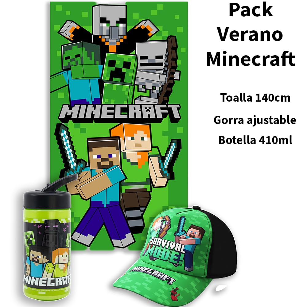 MARUKATSU Minecraft Pack Playa Niño Completo Toalla 140x70 cm + Gorra Ajustable + Botella 410ml – Set Verano Infantil Microfibra Secado Rápido Piscina Gamer — view 3