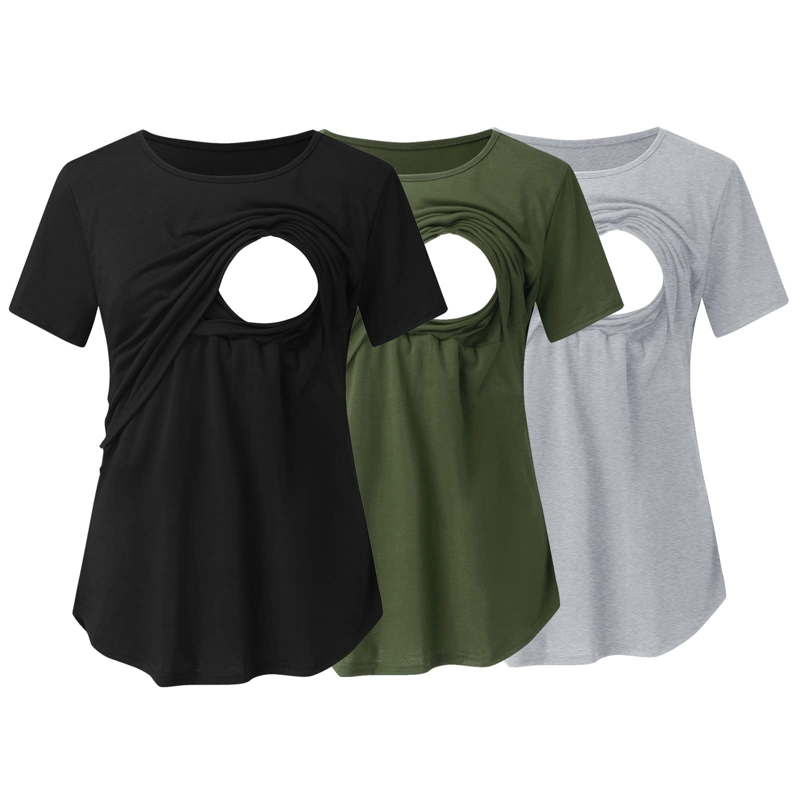 Hanraz Lot de 3 hauts d'allaitement pour femme - Manches courtes - En coton - Col rond - Tailles - T-shirt d'allaitement - Mode d'allaitement - T-shirt d'été