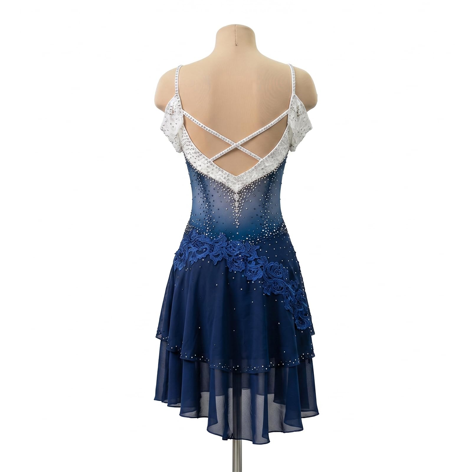 purpleq Damen Eiskunstlaufkleid mit Strass, Wettkampfkleid für Eiskunstlauf, Blau-Weißes Farbverlauf Design, Elegantes Performance Kostüm für Training und Wettbewerb