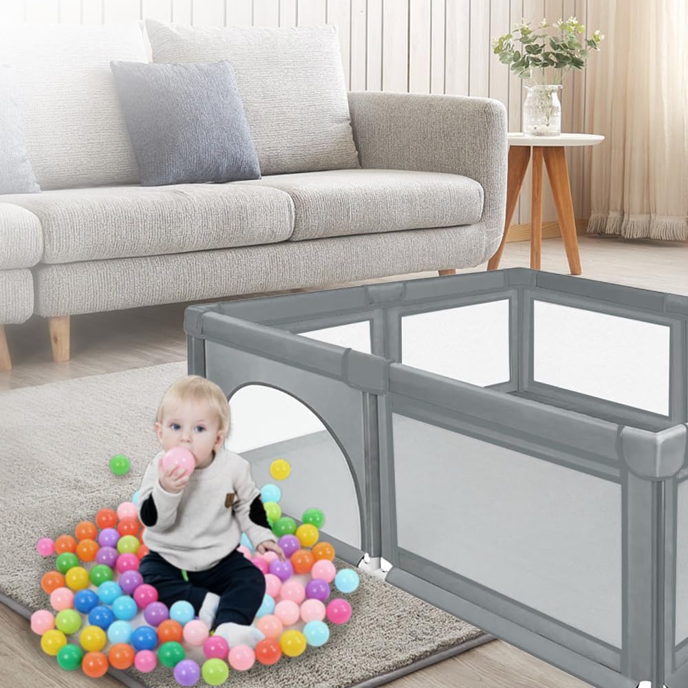Parque para bebés, parque de juegos para interior y exterior, tejido Oxford, malla transpirable visible, con bolsa de almacenamiento, 50 bolas oceánicas (gris oscuro)