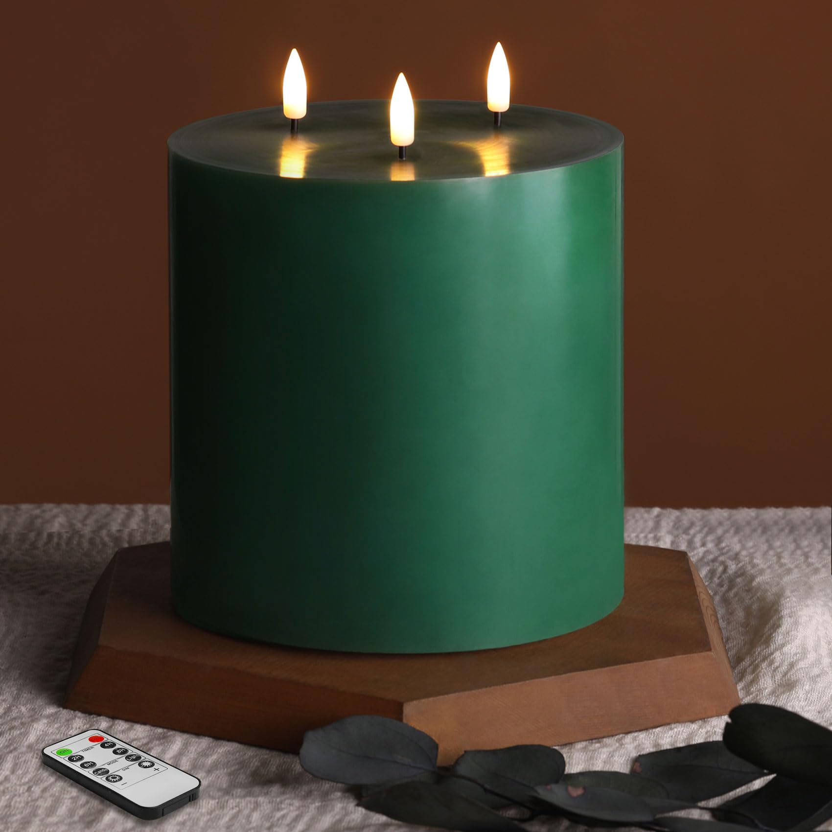 Eywamage Green 3 Wick Flameless Pillar Candle Φ 6" H 6", Giant Real Wax Flickering LED Candle with Remote