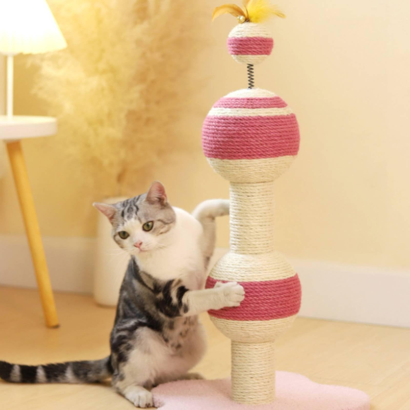 Jiuvaso Tiragraffi per Gatti Colonna Base Stabile con Sisal E Flanella con Pallina Molleggiata E Teaser in Piume Adatto per, Palo Tiragraffi Con Palla Di Piume E Capsula Spaziale