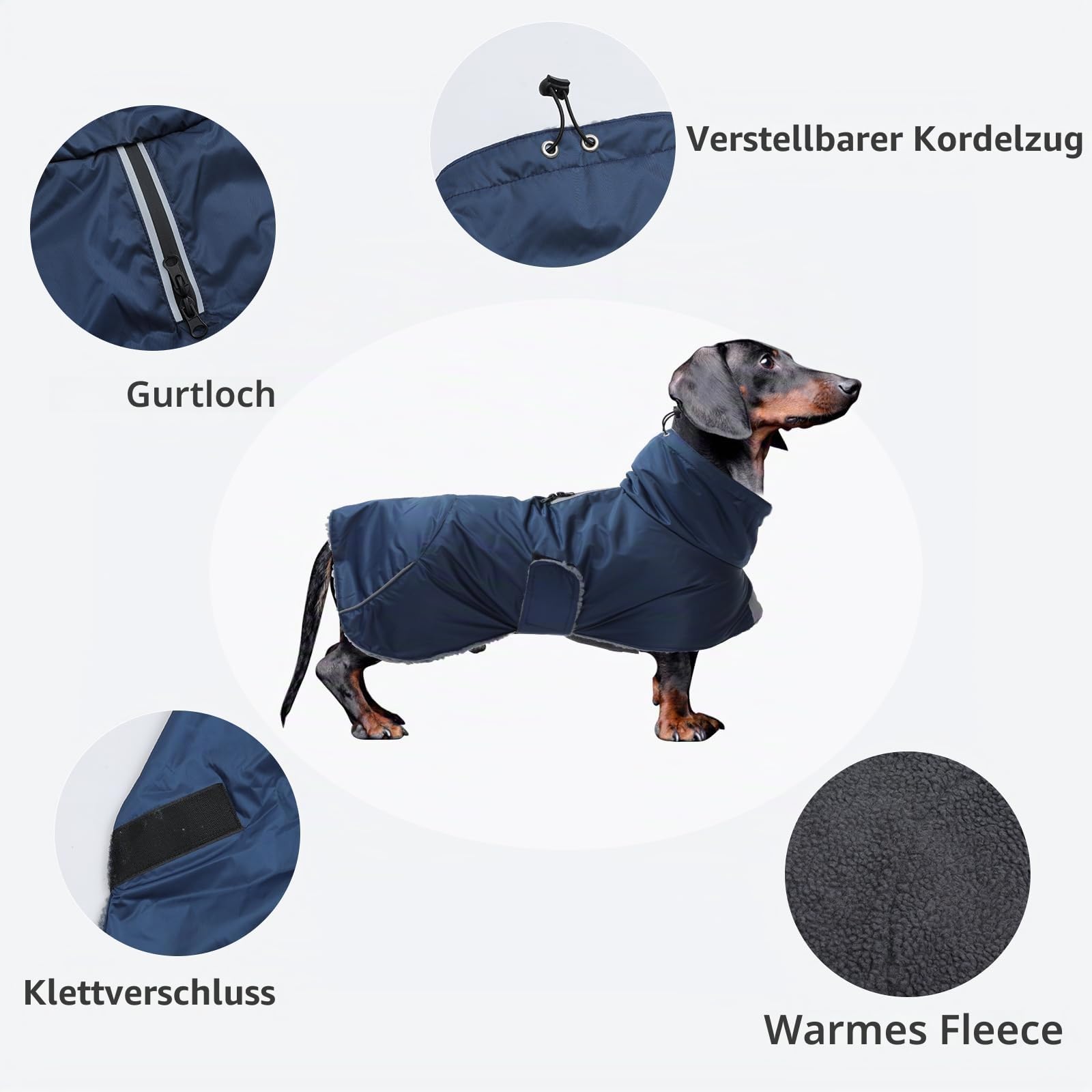 MOREZI Hundejacke ist eine wasserdichte, mit Fleece gefütterte Hundewinterjacke mit verstellbarem Gürtel und Reflexbesatz, geeignet für Dackel und ähnliche Rassen-Navy blau-S