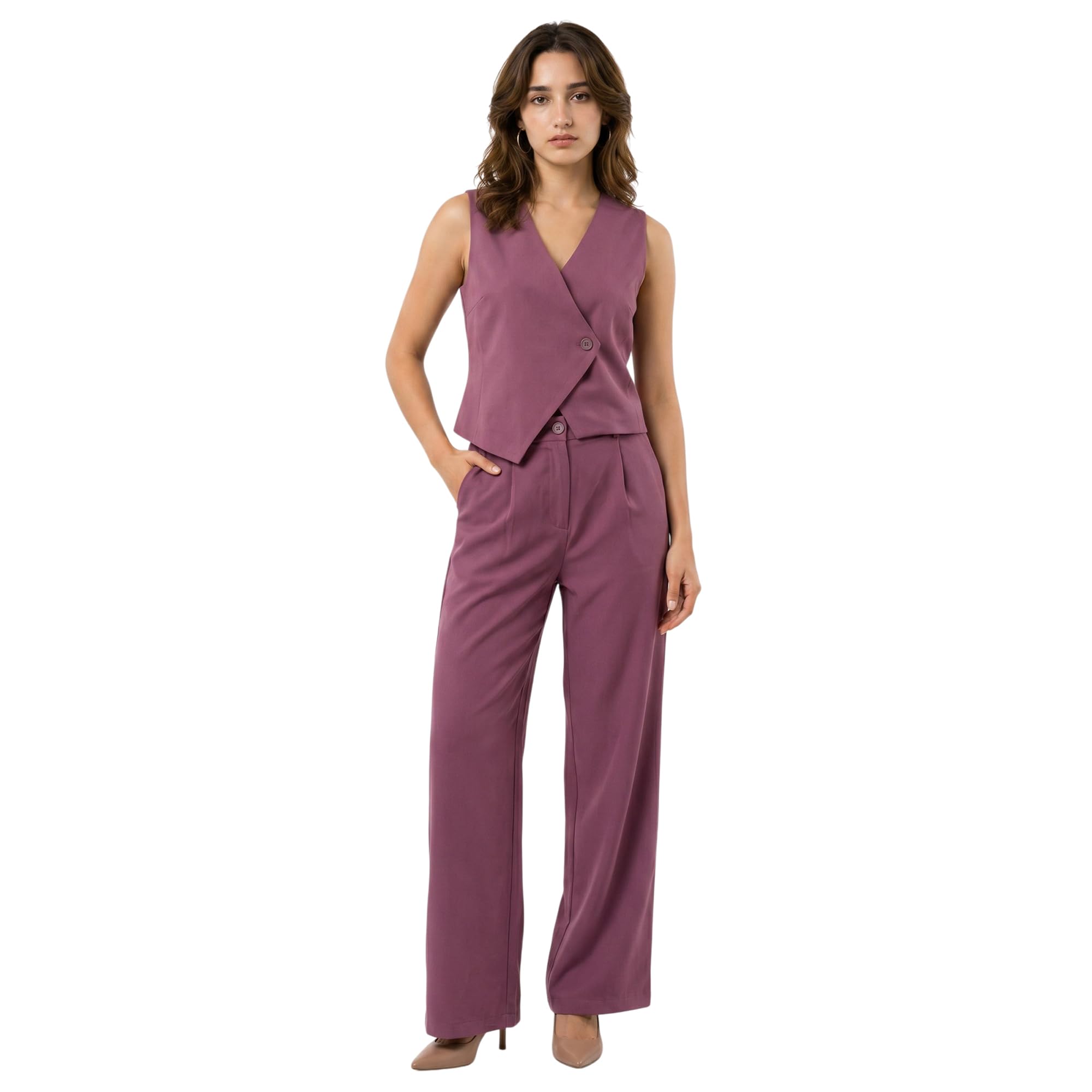 bossbella Women Mauve Slanting Edge Waistcoat with Trousers Co-Ord Set | Elegant Formal Wear Pant Suit for Women-picture-24