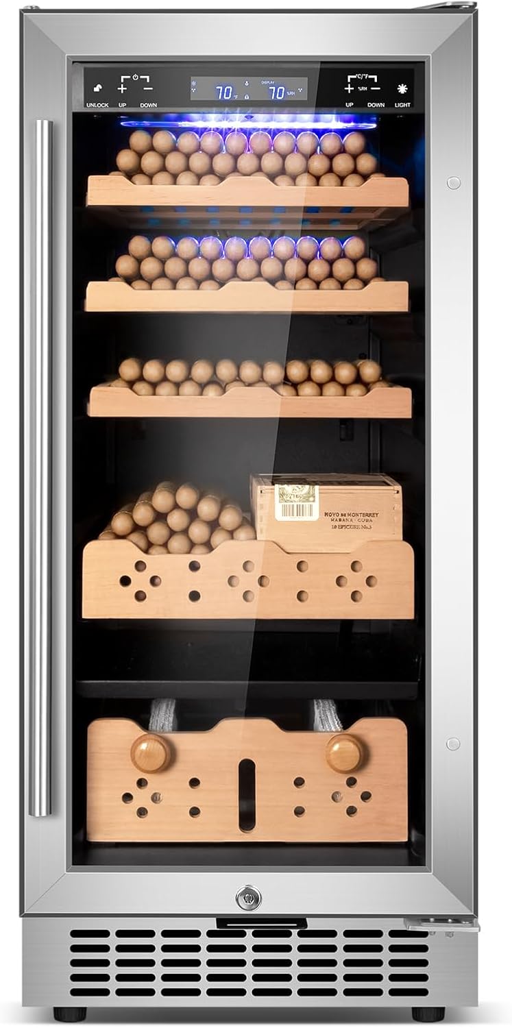 FoMup Electric Cooler Cabinet 88L with Temperature and Humidity Control, Spanish Cedar Wood Shelves, Reversible Door and Safety Lock (546 Counts Capacity)