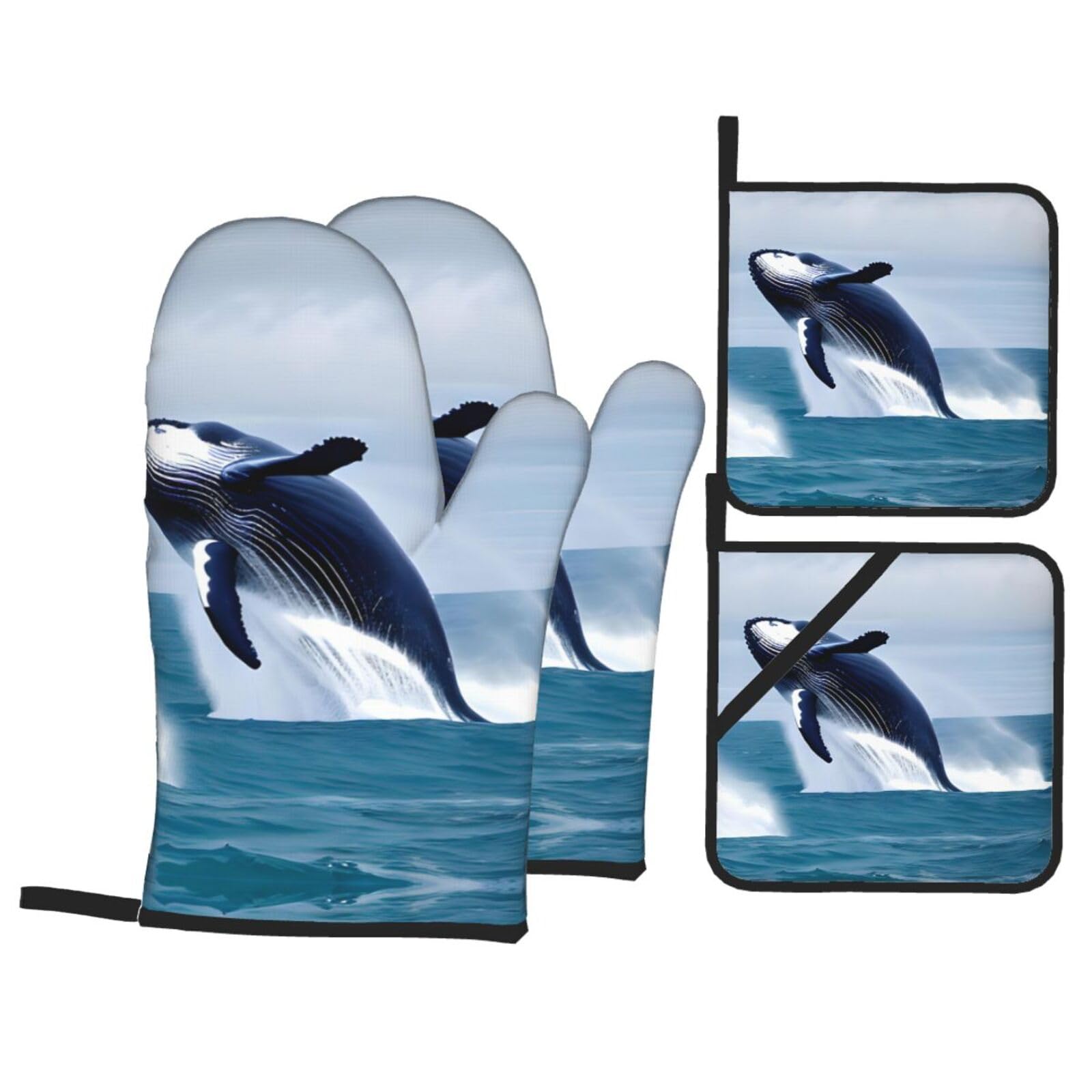 Whales at sea Printed Baking 4-Piece Set, includes oven mitts and a heat-resistant mat, suitable for oven and BBQ use