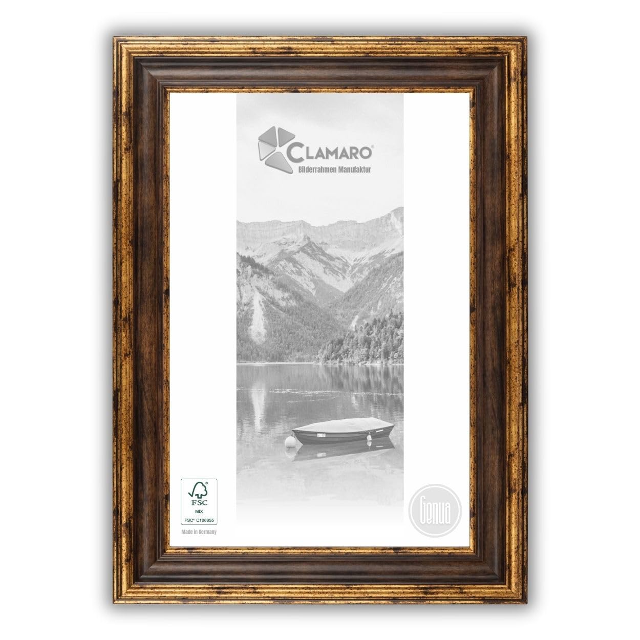 CLAMARO Genua Bilderrahmen Antik Massivholz, 76 mm, Braun Gold, 100x140 cm | aus Fichtenholz, handgefertigt in Wunschmaß, inkl. Acrylglas, HDF-Rückwand und Metall-Aufhänger, für Hoch- und Querformat