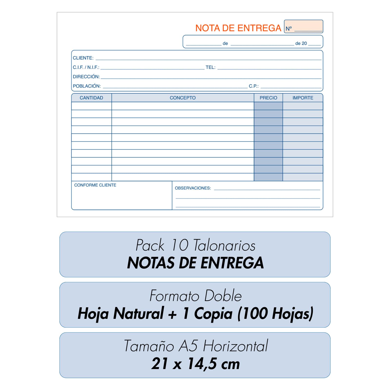 Dohe - Talonarios Notas de Entrega (10 uds.) - 50 Hojas Duplicadas (50 Hojas con 1 Copia), Tamaño A5 Apaisado 21x14,5 cm, Blocs en Español para Envíos de Mercancías, Material de Oficina
