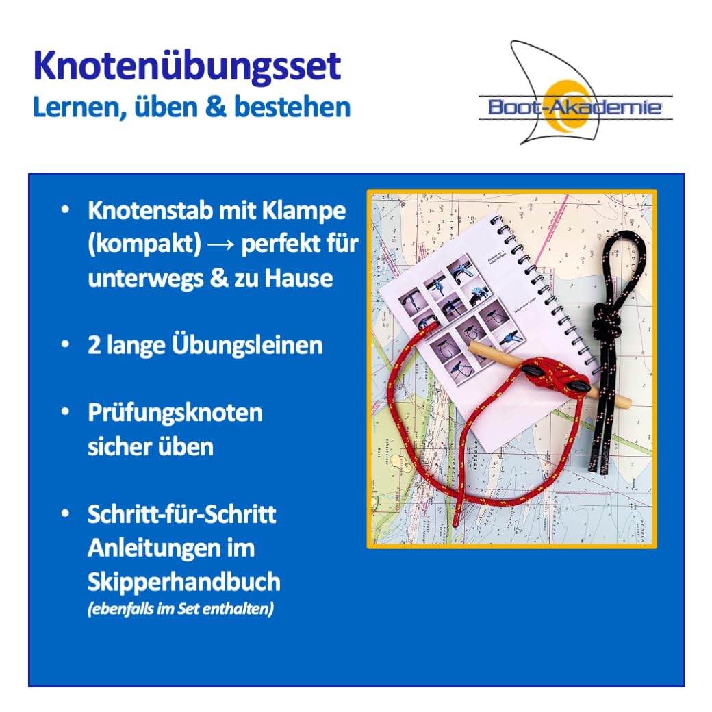Navigations-Komplettset SBF See & SKS – Kursdreieck, Anlegedreieck, Marinezirkel, Navigationsaufgaben mit Lösungen, Skipperhandbuch, Knotenstab, 2 Leinen, Lupe, Kompass & 50-Euro-Wertgutschein