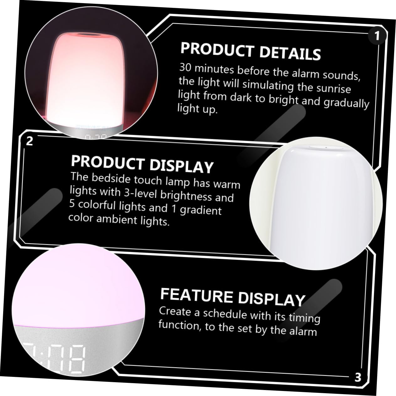TOPBATHY Lampe de Chevet LED Blanche Minuterie et Éclairage Coloré, Fonction Réveil Tactile pour Chambre à Coucher