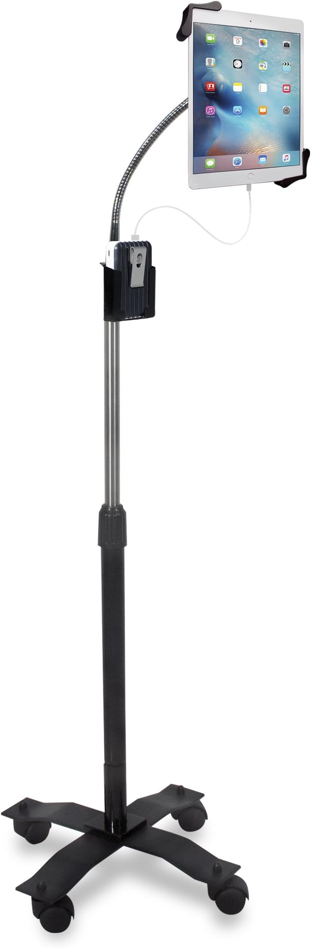 Gooseneck Floor Stand – CTA’s Compact, Adjustable Gooseneck with Swivel Casters for iPad 7th/ 8th/ 9th Gen 10.2”, iPad Air 4, 12.9”, Surface Pro, Zebra & Other 7-13” Tablets (PAD-CGS)
