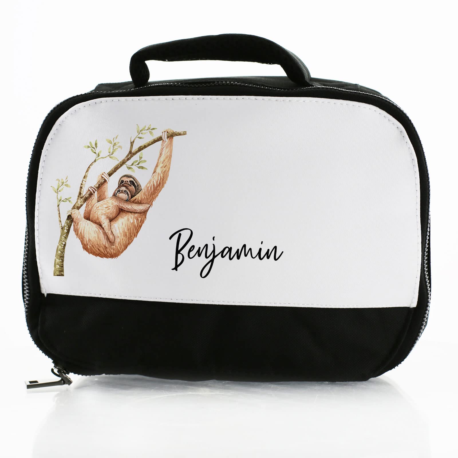 Hairyworm Personalised Bag, Black and White Insulated Lunch Bag Customised with Initial/Name, Mother and Baby Sloth Design Print, Dinner Bag for School for Hot/Cold Food, Size: (18cm x 25cm x 8cm) — image 1