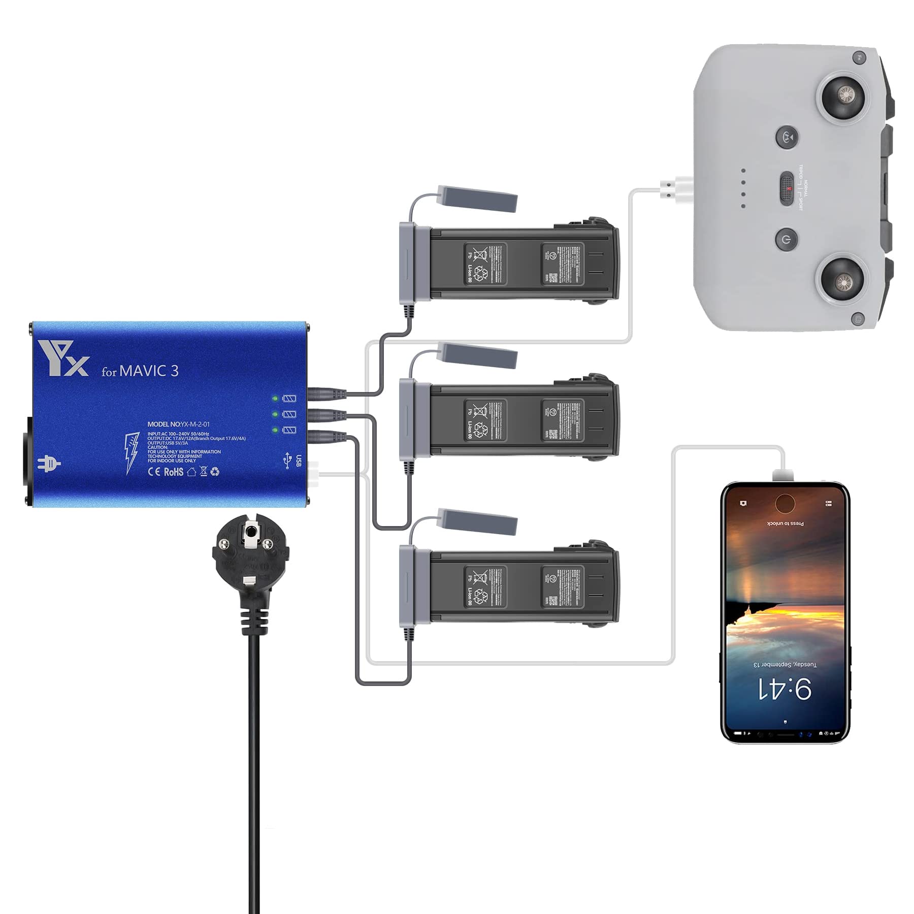 WANGCL Inteligentna ładowarka 5 w 1 Hub do baterii lub pilota DJI MAVIC 3 Drone
