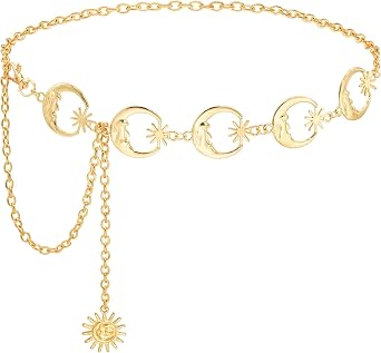 Waist Chain Belts for Women Metal Link Moon Star Body Chain Belt Ladies Waist Chain Belt for Jeans Dress
