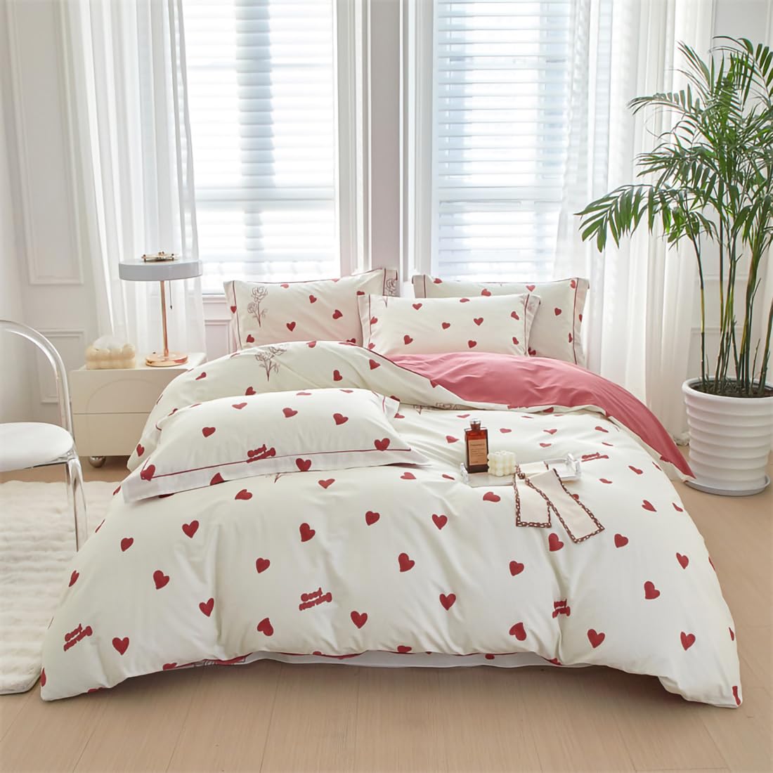 Amour Cœur Rouge Housse de Couette 280x240 Parure de Lit 280 x 240 Coeur Imprimé Rouge et Blanche Adulte 2 Personnes avec Fermeture Éclair, Motif du Cœur Parure Housse Couette en Microfibre