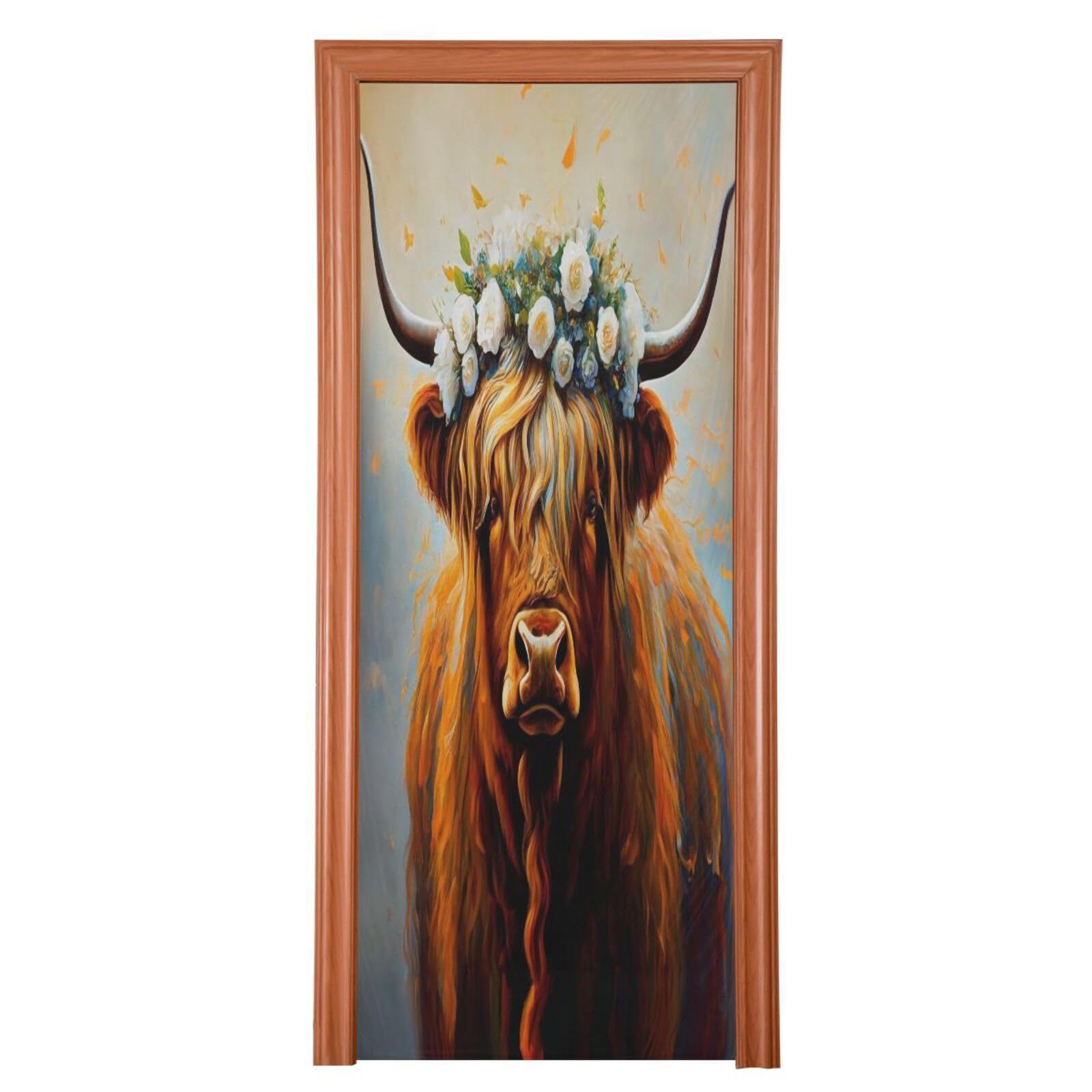 FLildon Highland Cow Wearing Flowers Door Cover Decoration, Party Accessory Porch Decor for Festive Ornament Room Door Covers 32 x 79 Inch