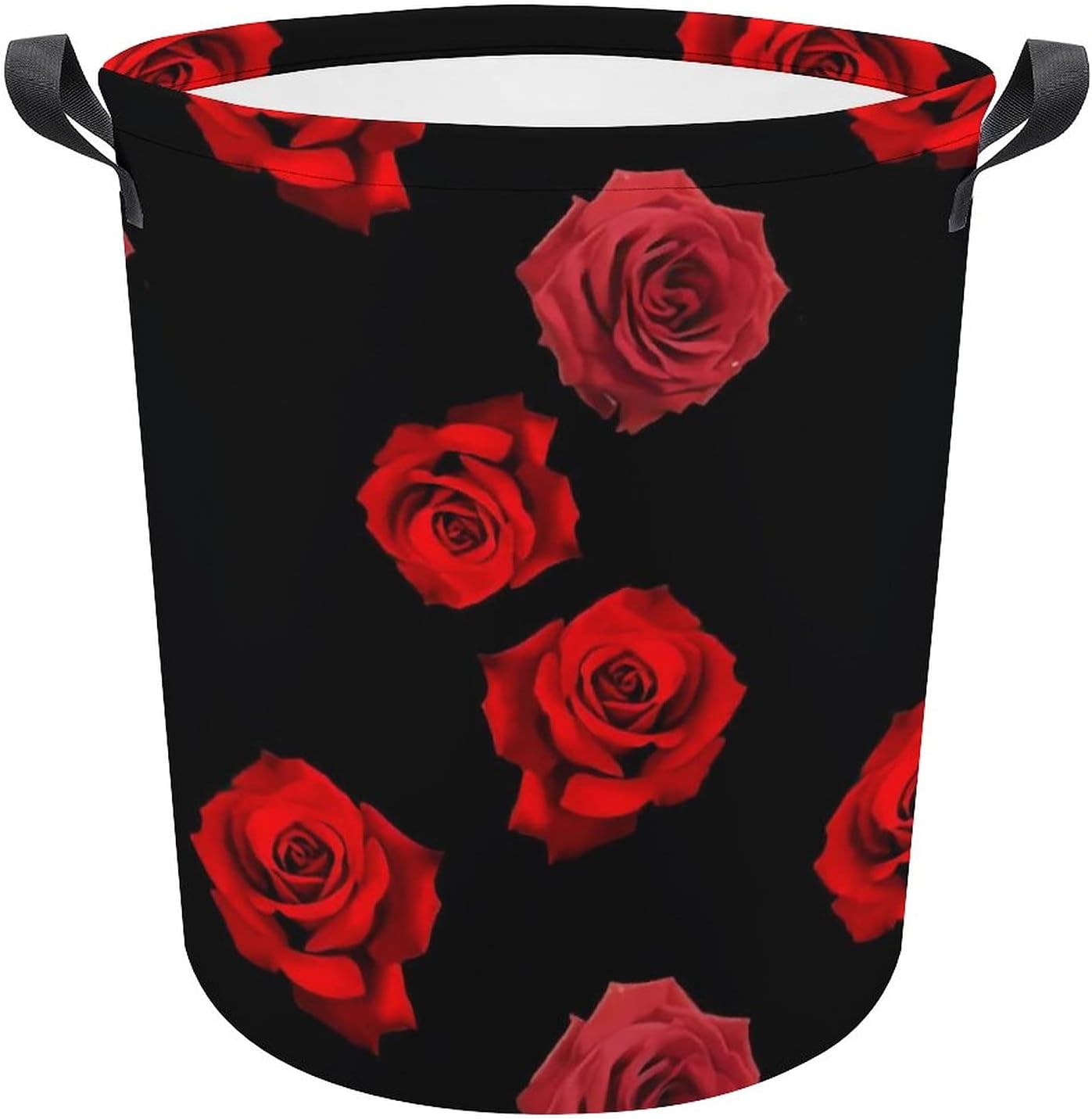 Red Roses on Black Laundry Basket, Collapsible Dirty Clothes Hamper With Handle, Suitable of Bedroom, Bathroom, Dormitory, farmhouse, Toy Basket, 17.3in H x 16.5inD