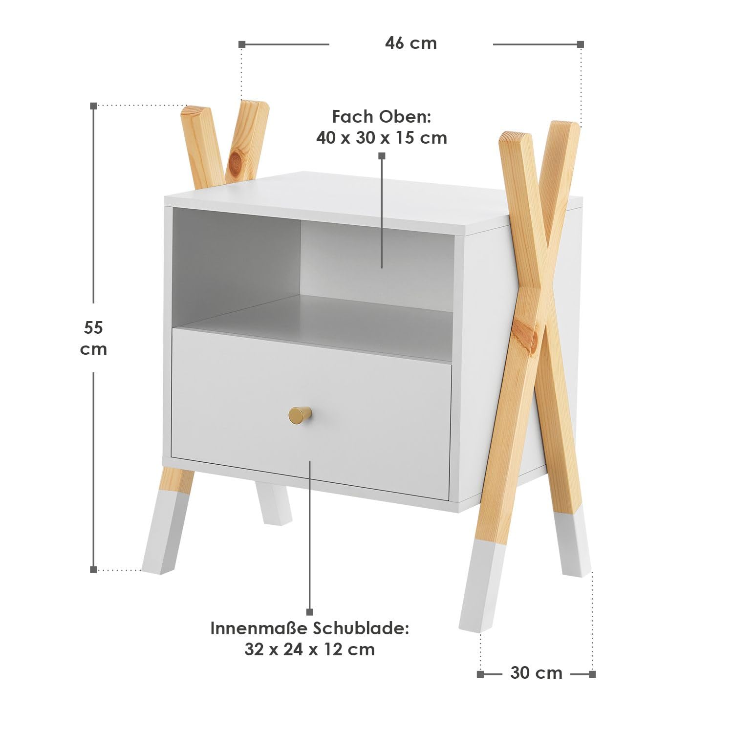 Juskys Table de Chevet pour Enfants Jamie avec tiroir, Tablette et Compartiment Ouvert - Petite Armoire de Nuit en Bois - Petite Table de Chevet - Commode Blanche Naturelle